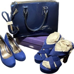 1 Size 8 & 1 Size 8.5 Blue Suede Shoes, & Vinyl Blue & Leopard Crossbody Bag
